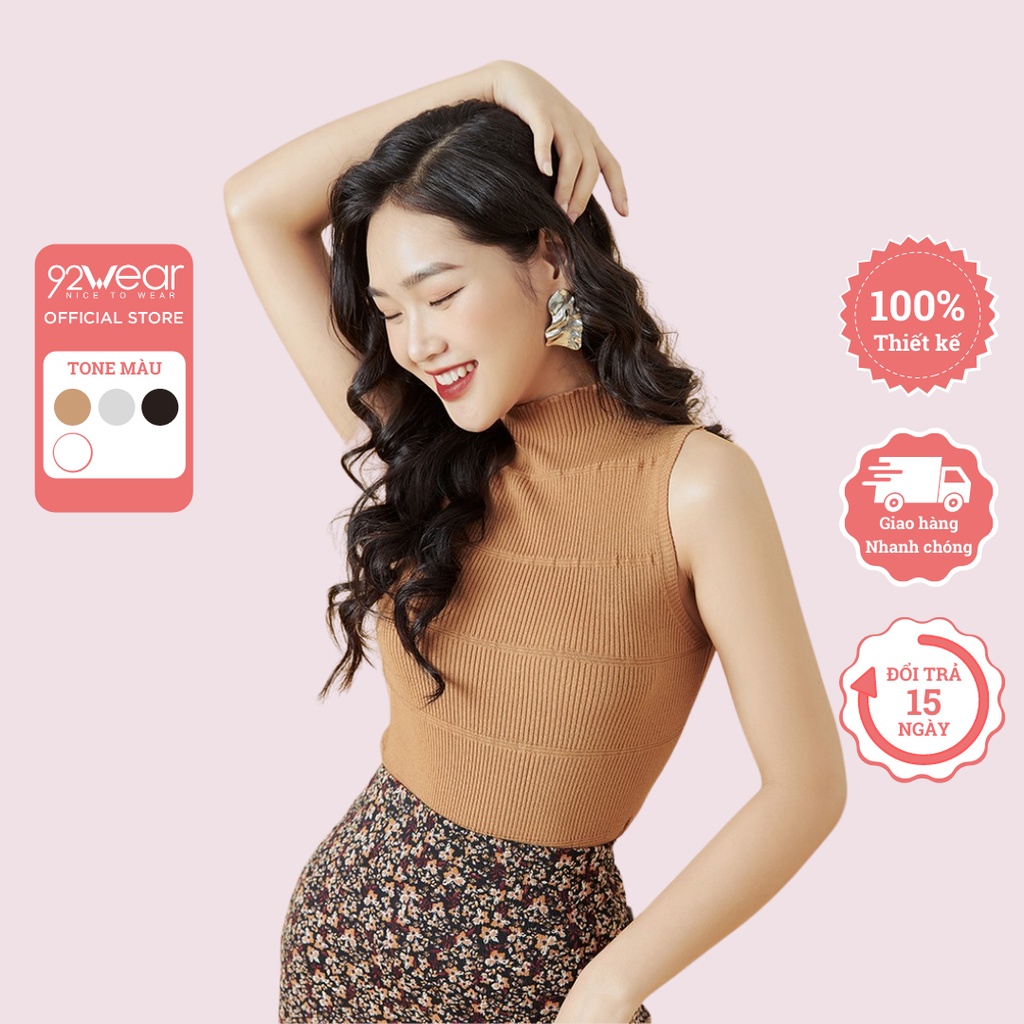 Áo len nữ 92WEAR màu màu Be Ghi mỏng sexy sát nách thiết kế bacsic trơn hàn quốc cổ cao trơn đẹp ALA0051