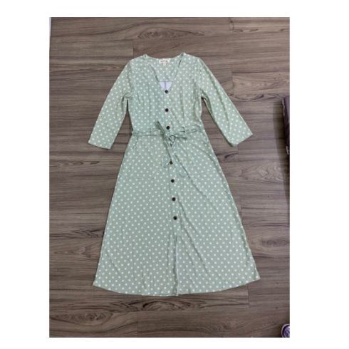 Đầm Thun MONTEAU Cổ Tim Nút Trước Dài Tay Có Túi Xẻ Tà Chấm Bi Xanh - Size S