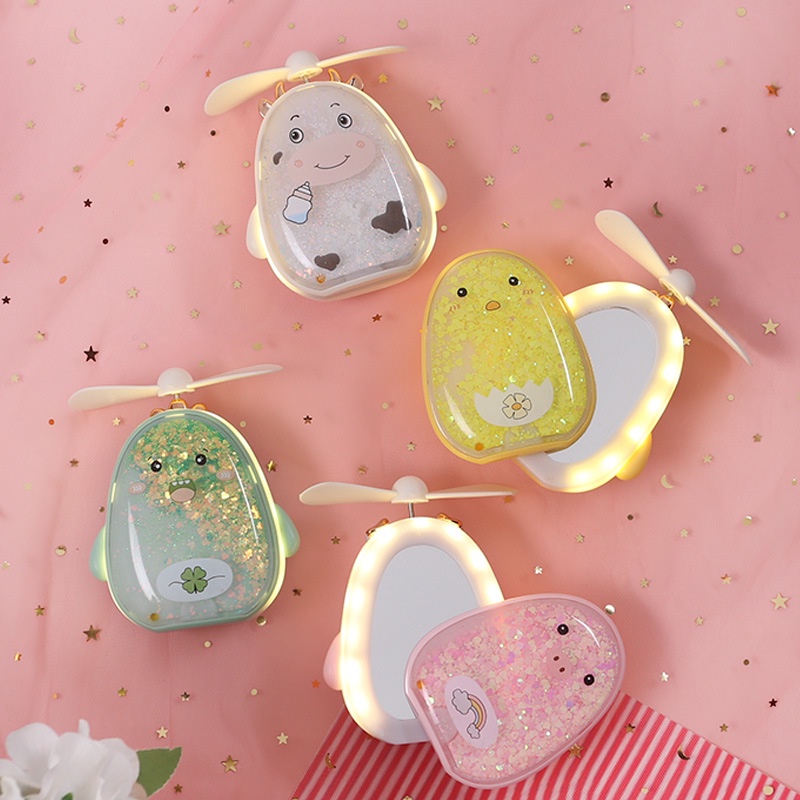 Quạt cầm tay mini hình bò sữa, heo, vịt, khủng long có nước, kim tuyến, đèn, kính, đẹp lung linh
