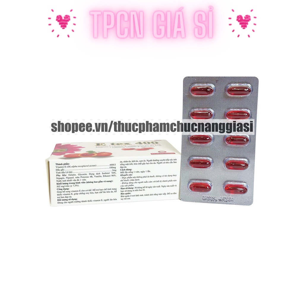 Vitamin E đỏ E TEX 400 hỗ trợ làm đẹp da, trắng sáng da, chống lão hoá - Hộp 30 viên