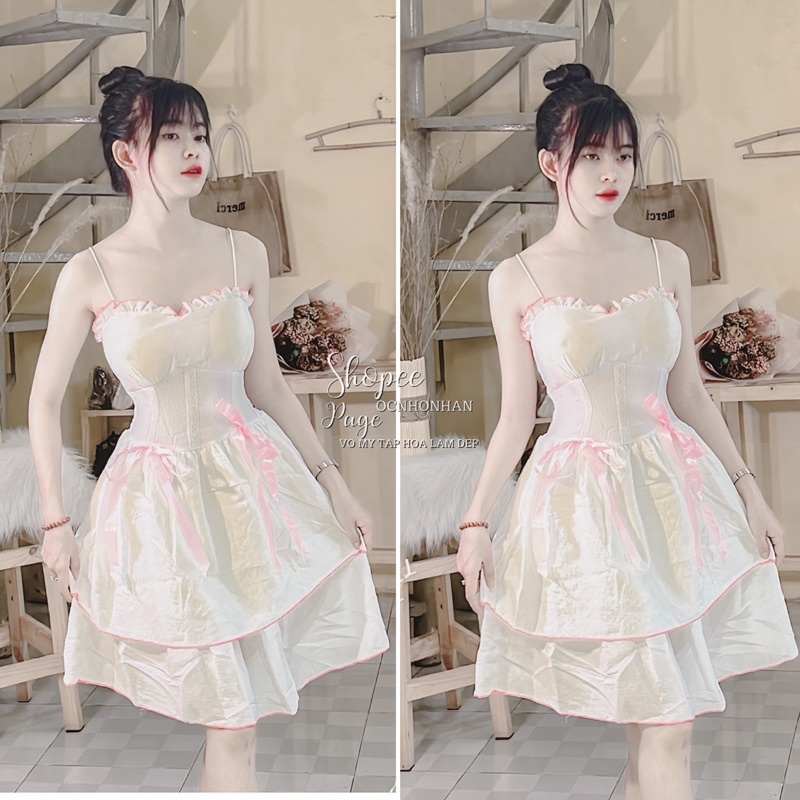 Đầm cup ngực xoè nơ tiểu thư