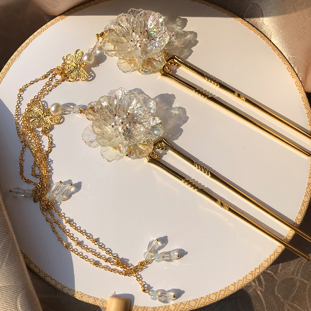 Trâm cài tóc hình chữ U phối tua rua và ngọc trai giả phong cách Trung Hoa cổ trang cho cô dâu