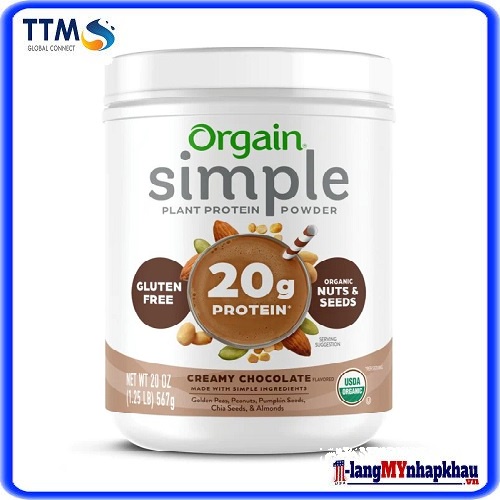 Đạm thực vật hữu cơ Simple hương Socola 567g Orgain/ Simple Organic Plant-Based Protein Powder Creamy Chocolate Flavor