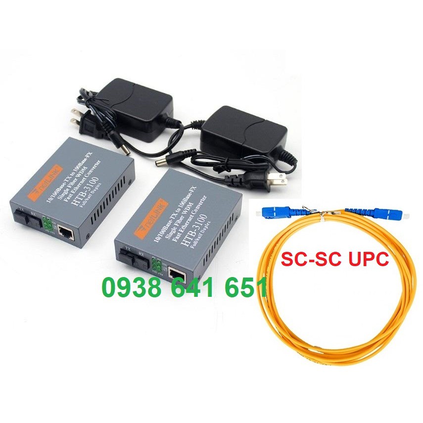 Cặp Converter quang Netlink 100MB,1 sợi quang 25Km Single mode HTB-3100AB tặng dây nhảy quang SC-SC UPC