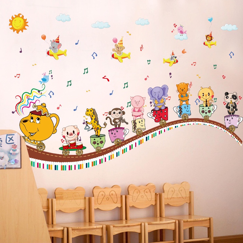 Combo 2 tranh dán tường, giấy decal dán tường cho bé về động vật yêu âm nhạc, đề can dán tường cho bé
