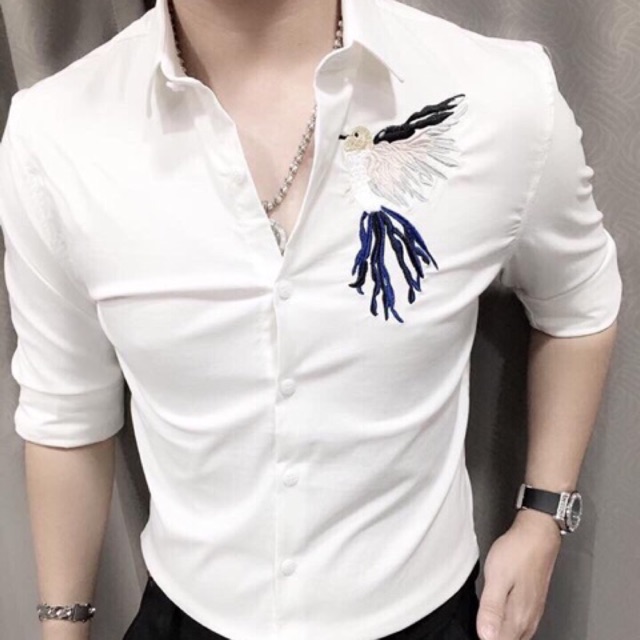Áo Sơmi Nam Tay Dài Hoạ Tiết Thêu Bồ Câu