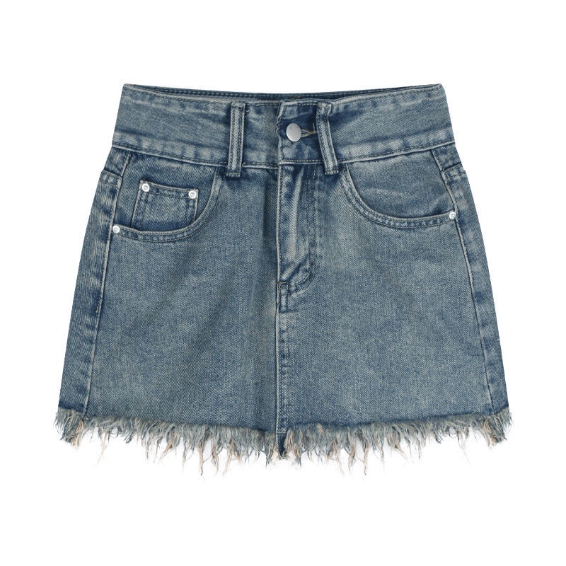 COZOK Chân váy jean Lưng Cao Thiết Kế Tua Rua Phong Cách Vintage