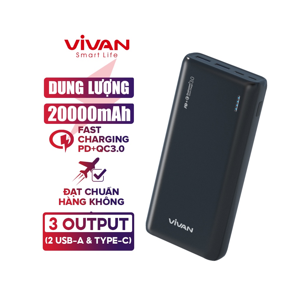 Pin Sạc Dự Phòng VIVAN VPB-A20 Dung Lượng 20000MAH Công Suất Lớn22.5W Hỗ Trợ Sạc Nhanh 5A Chuẩn PD QC 3.0 VOOC