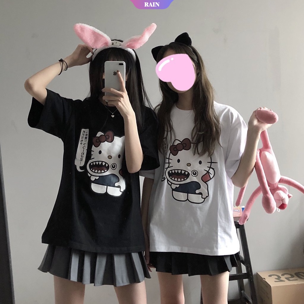 Áo Thun Tay Ngắn Dáng Rộng In Họa Tiết Hoạt Hình Hello Kitty Kiểu Nhật Hàn Dễ Phối Đồ Thời Trang Cho Học Sinh