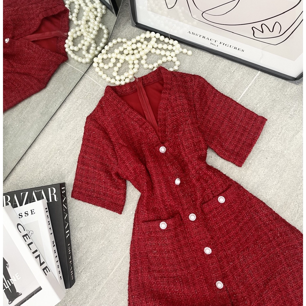 Váy Nữ Đỏ Noel, Đầm Nữ Dạ Dáng A Cổ V Phối Túi Đính Nút Trang Trí, Thời Trang Thu Đông Siêu Tôn Dáng Cho Bạn Nữ. | BigBuy360 - bigbuy360.vn