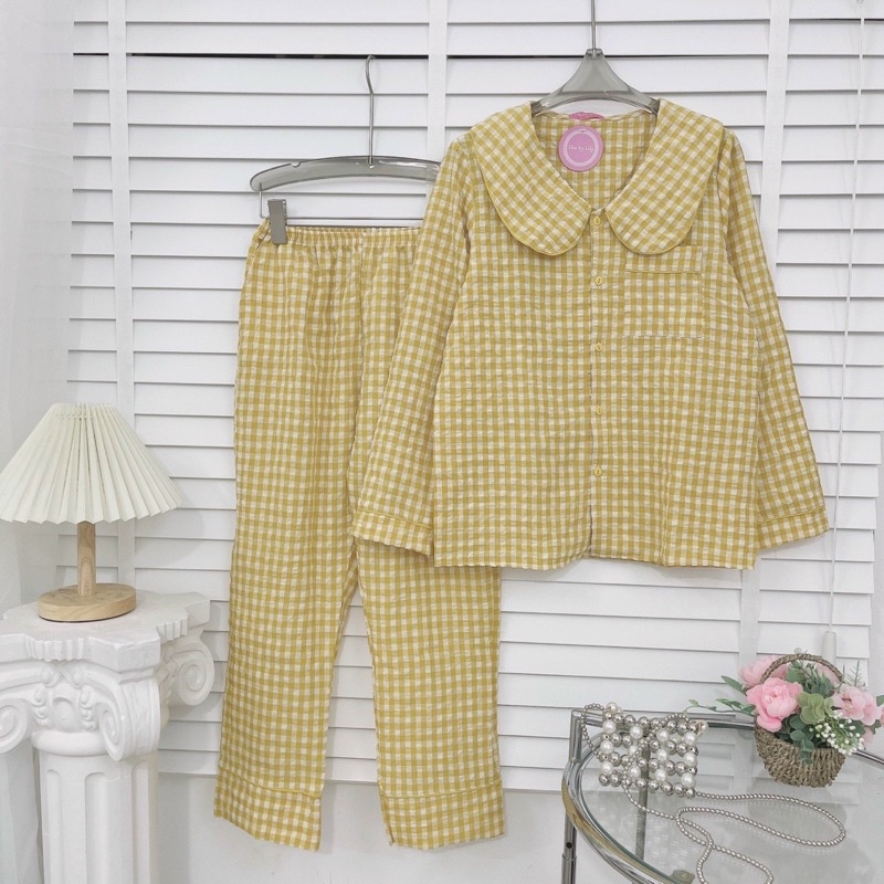Bộ Pijama Mặc Nhà Chất Đũi Kẻ Cổ Sen Hàng Thiết Kế Đồ Ngủ Xinh