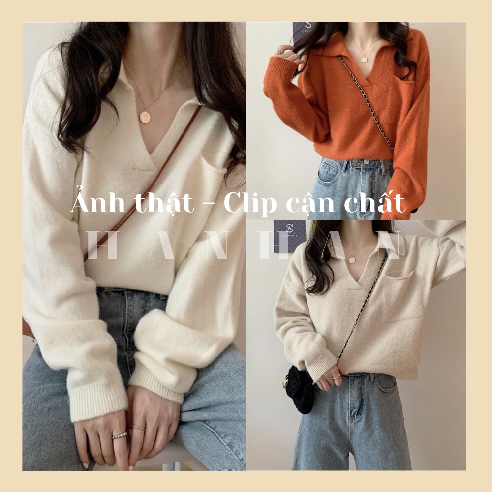 Áo len polo cổ chữ V dáng ngắn nữ dành cho mùa thu đông A1 (sẵn cam)