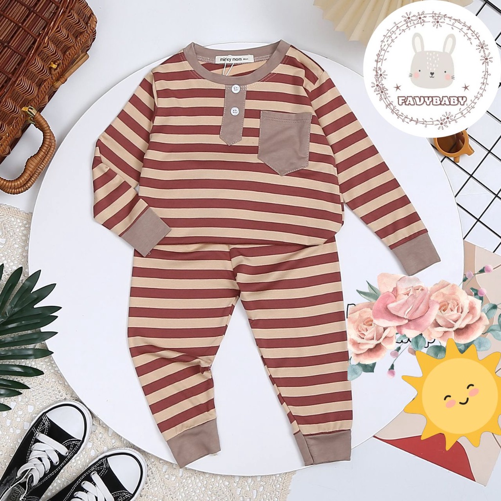 Bộ Dài Tay MINKY MOM Chính Hãng Bé Trai Bé Gái Vải Thun Lạnh Sọc Dệt Visco Có Nút Túi Cho Bé 0 1 2 3 4 5 Tuổi - Favybaby