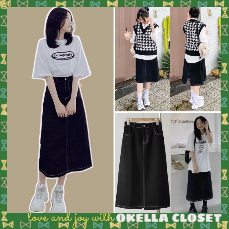 Chân váy midi viền chỉ nổi giả jeans Ulzzang cạp chun xẻ sau - chân váy nữ lưng cao dáng dài phong cách Hàn Quốc Okélla