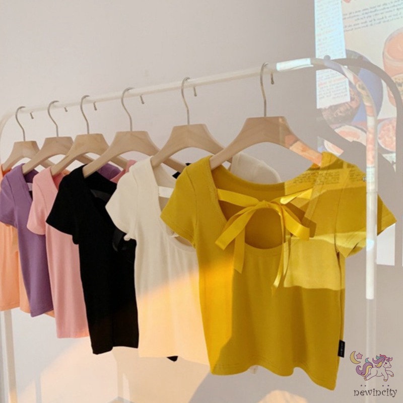 Áo Thun Cotton Tay Ngắn Hở Lưng Thắt Nơ Dễ Thương Phong Cách Hàn Quốc Thời Trang Mùa Hè Cho Bé Gái