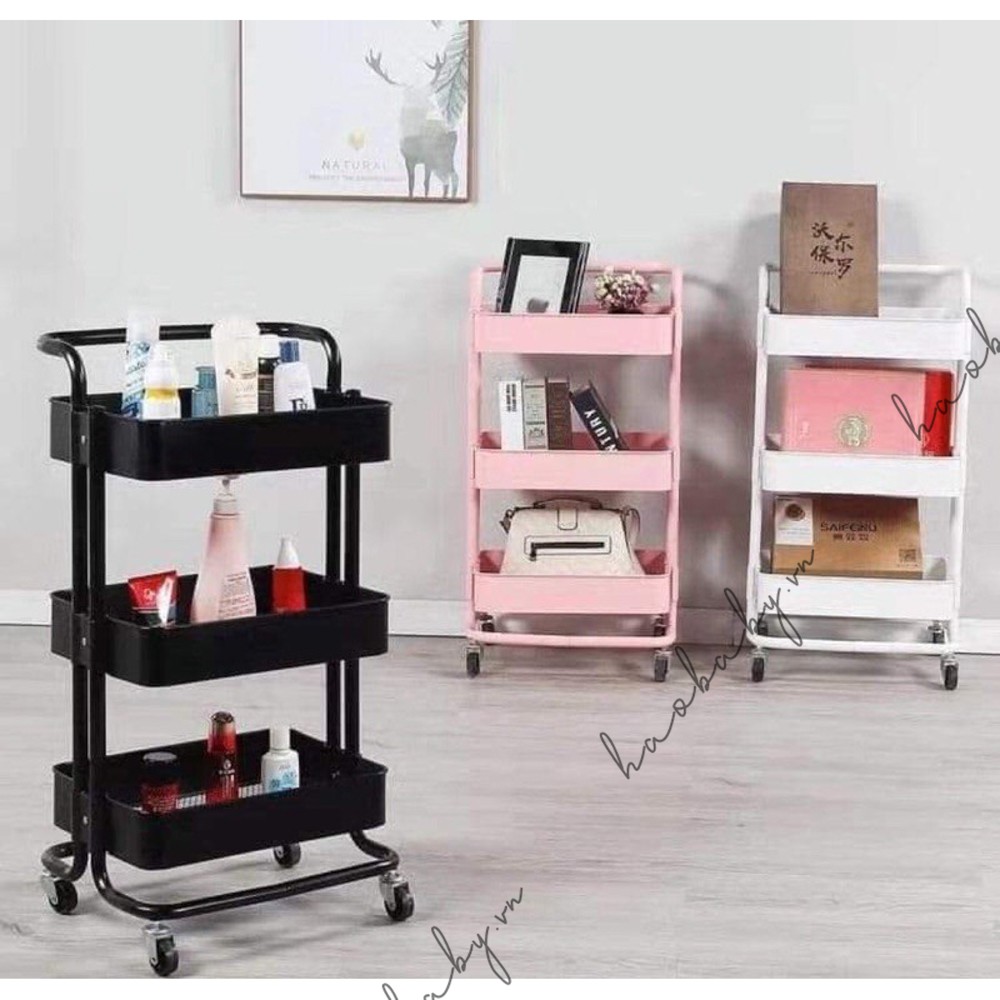 [Haobaby Shop] Kệ 3 Tầng Đa Năng Có Bánh Xe, làm Xe Đẩy Spa đựng đồ bỉm sữa cho mẹ và bé - set rổ chia kệ Umoo