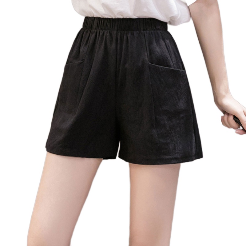 Quần Short Cotton Lanh Ống Rộng Lưng Cao Co Giãn Màu Trơn Có Túi Cho Nữ