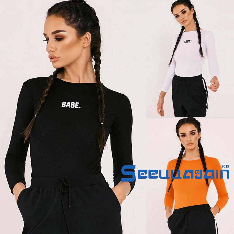 Bodysuit Họa Tiết In Chữ Dài Tay Cổ Tròn Màu Trơn Ôm Dáng Hợp Thời Trang Cho Nữ | BigBuy360 - bigbuy360.vn