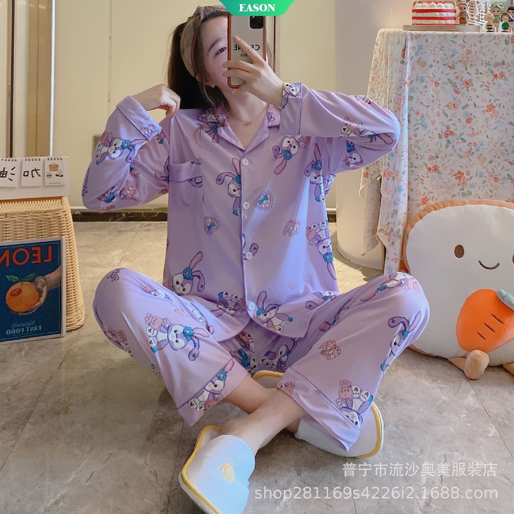 Bộ Đồ Ngủ Tay Dài In Họa Tiết Dễ Thương Thời Trang Thu Đông Cho Nữ