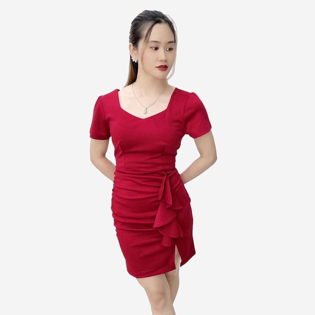 Đầm body ngắn tay nhún eo trơn sexy màu đỏ V319