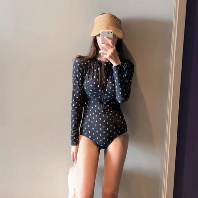 Monokini đồ bơi liền tay dài chấm bi trắng kéo khoá ngực