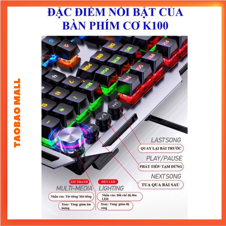 Bàn Phím Cơ Gaming K100 - Full Led - Bàn Phím Máy Tính - Dành Cho Game Thủ - Streamer - HÀNG CÓ SẴN