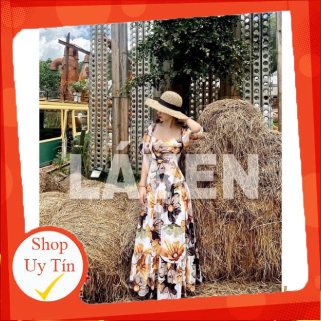 Váy Đầm Maxi Tay Phồng Cổ Vuông Hở Lưng Thắt Nơ Dáng Xoè Tầng Dài Hoạ Tiết Hoa Lá Vintage .