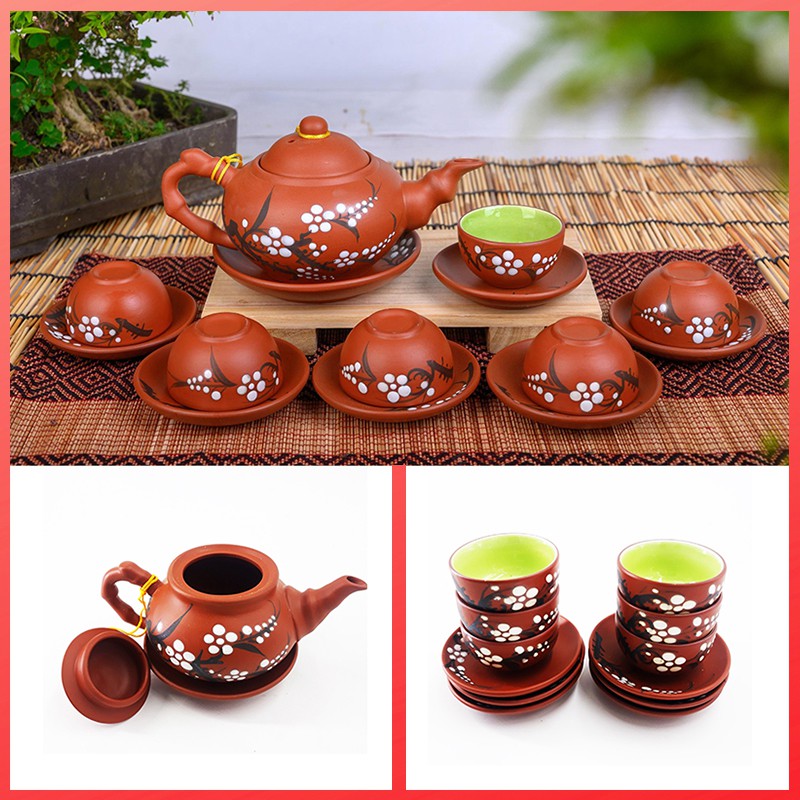 Bộ bình trà tử sa Bát Tràng-Chấm hoa đào tinh khiết-400ML-Bình trà đẹp độc đáo