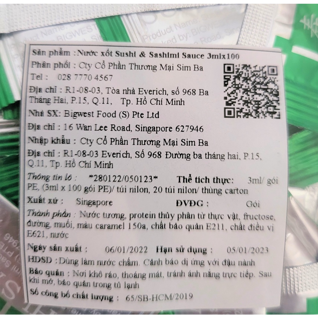 [Túi 100 gói x 3ml] NƯỚC TƯƠNG SUSHI &amp; SASHIMI GÓI NHỎ [Singapore] BIGWEST FOOD Sushi &amp; Sashimi Sauce (sib-hk)