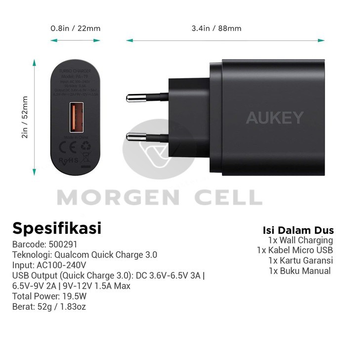 Aukey Củ Sạc Nhanh 1 Cổng Usb Qc 3.0 18w Pa-T9 Casan Android Iphone