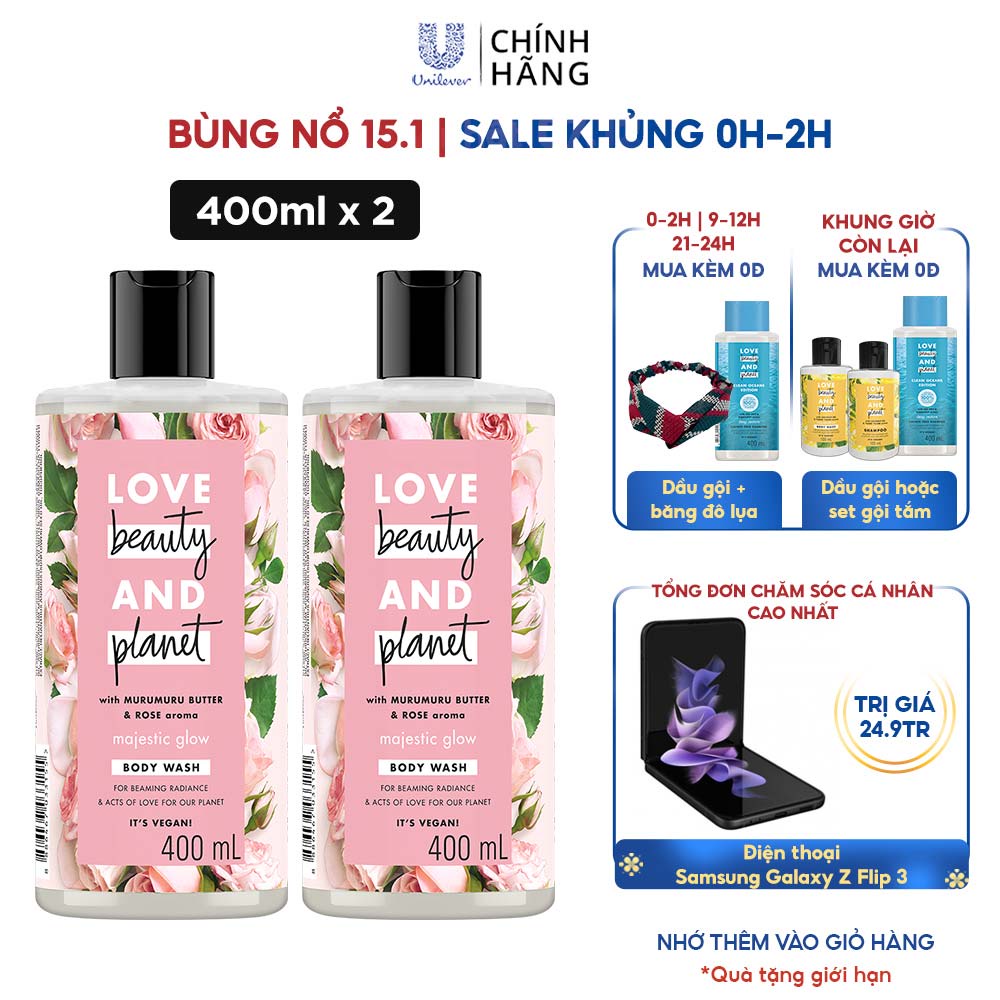 Combo 2 sữa tắm Love Beauty and Planet làm sáng da với 100% tinh dầu hoa hồng Bulgaria 400ml/chai