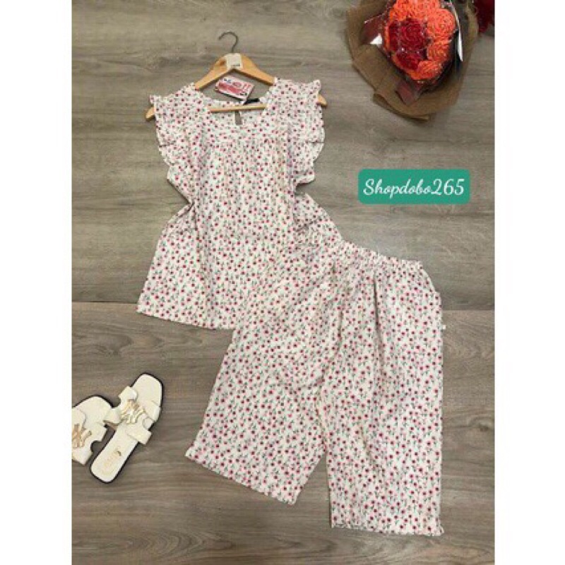 Đồ bộ nữ,đồ ngủ mặc nhà lửng vải lụa tay cánh tiên họa tiết hoa nhí thời trang size 45-57kg.