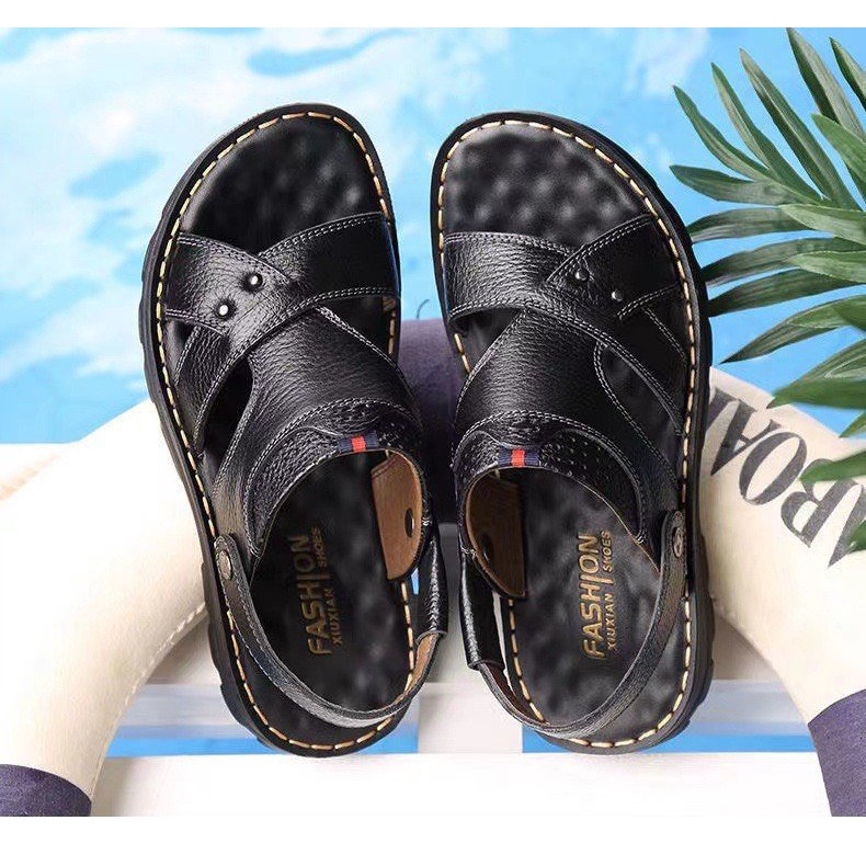 Dép Sandal Nam Da Bò Đế Khâu Quai Chéo 2 màu Đẹp Bền Bỉ Sang Trọng