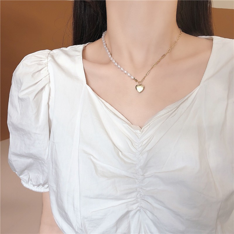 Dây chuyền hạt trai tim ulzzang màu vàng