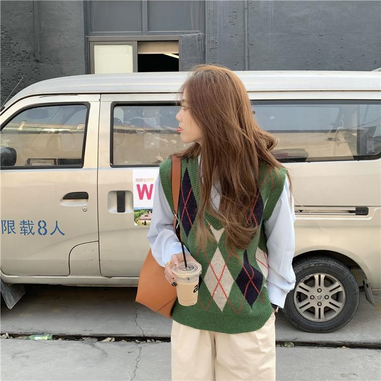 Áo len không tay cổ chữ V họa tiết kim cương phong cách retro Hàn Quốc cho nữ
 | BigBuy360 - bigbuy360.vn