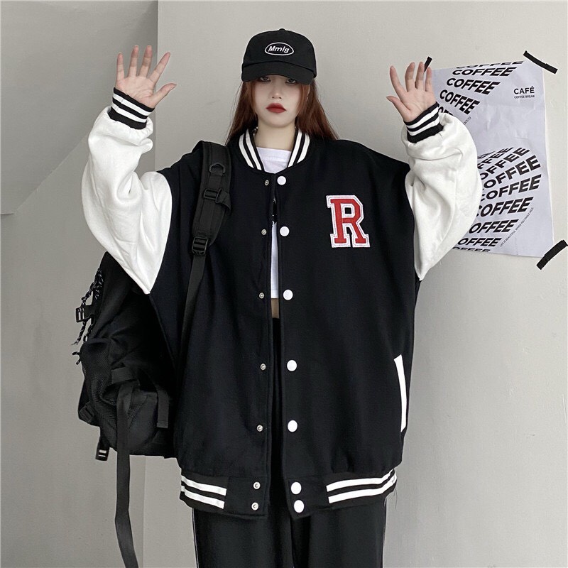 Áo Bomber nữ 𝗙𝗥𝗘𝗘𝗦𝗛𝗜𝗣  Áo khoác bomber vải nỉ bóng chày CHỮ R  unisex chính hãng hàn quốc varsity cao cấp giá rẻ.