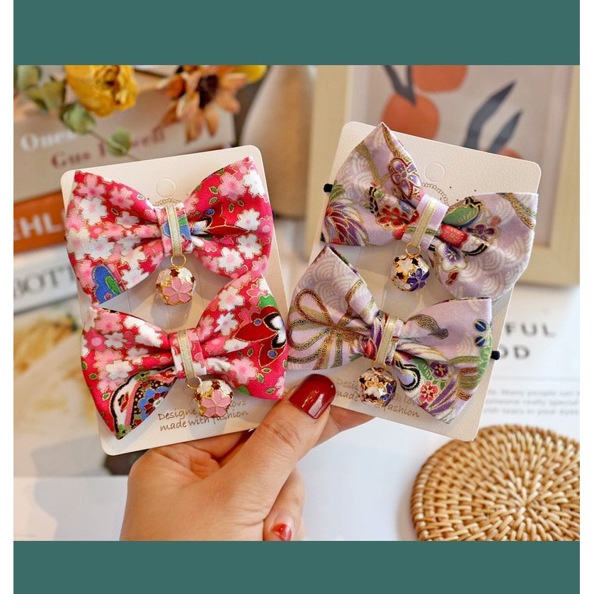 ( 1 cái ) Cài tóc nơ HỌA TIẾT NHẬT BẢN gắn lục lạc phụ kiện kẹp tóc nữ xinh xắn cosplay