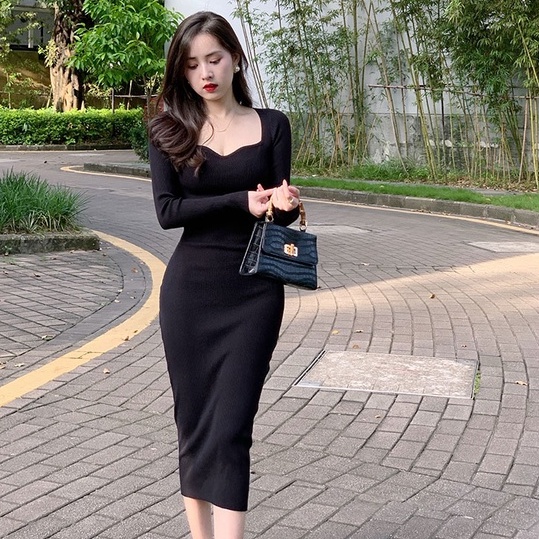Cocory vn Đầm maxi dệt kim dài tay cổ vuông dáng ôm thời trang gợi cảm dành cho nữ