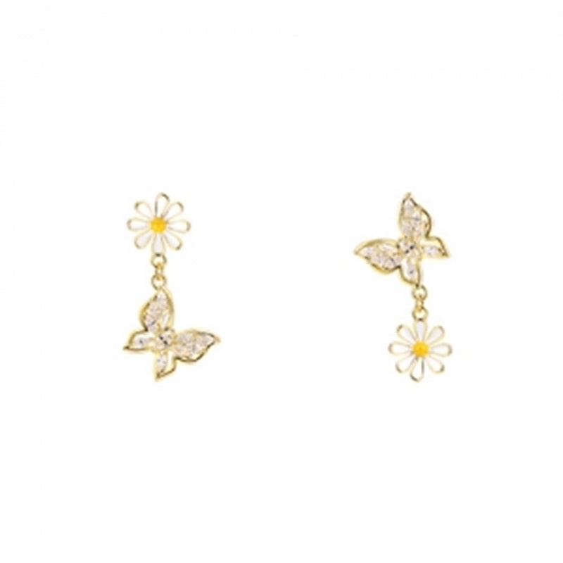 Khuyên Tai Dáng Dài Không Đối Xứng Hình Hoa Cúc Và Bướm Pha Lê Ngọt Ngào Cao Cấp Thời Trang