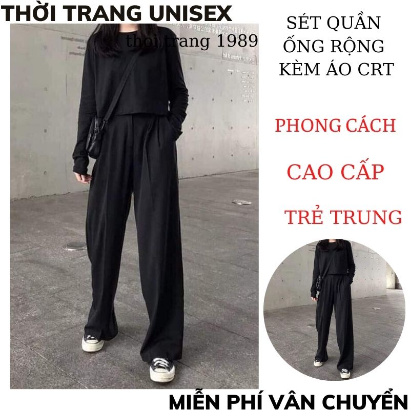 Sét bộ thể thao unisex 2 món ,áo croptop dài tay kèm quần ống rộng khuy cài,chất tuyết mưa hàn phong cách ulzzang TT1989