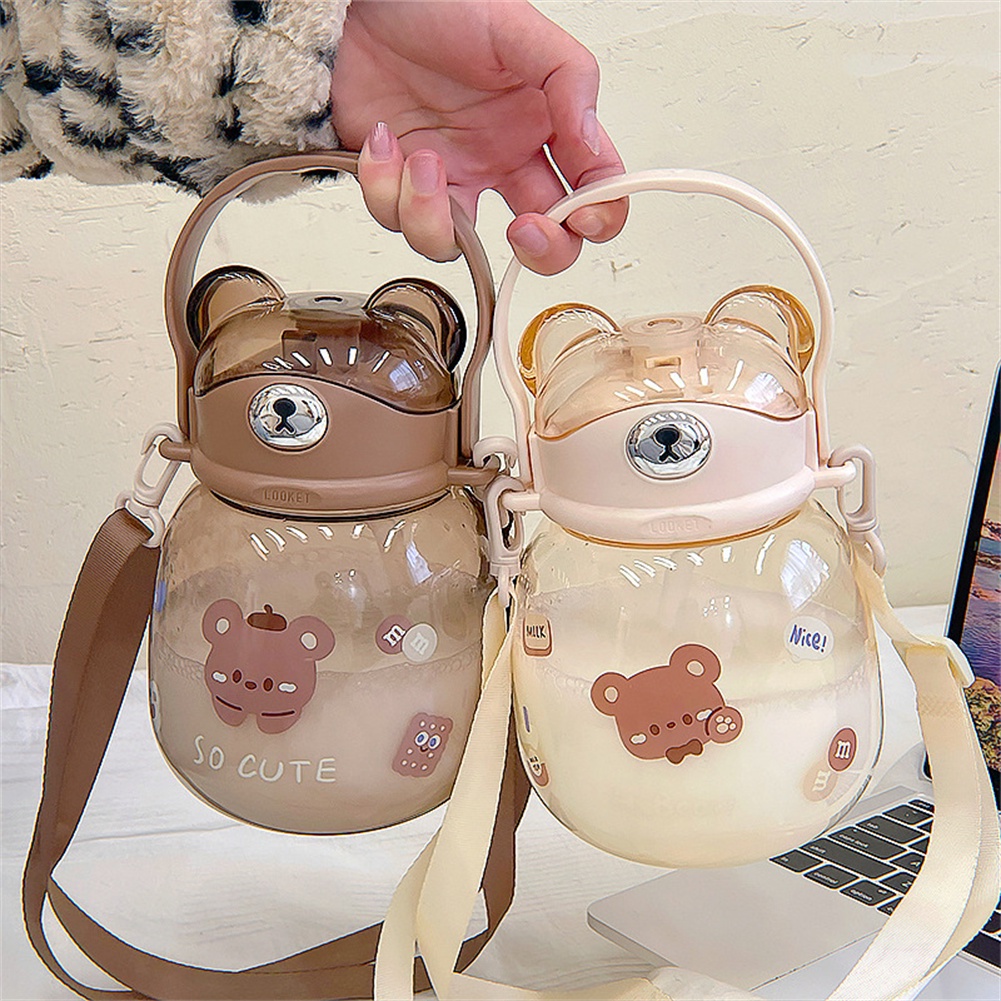 1300ml cartoon bear plastic cup Children's Portable Outdoor Straw Strap Mug Mug Student Cross Belly cup