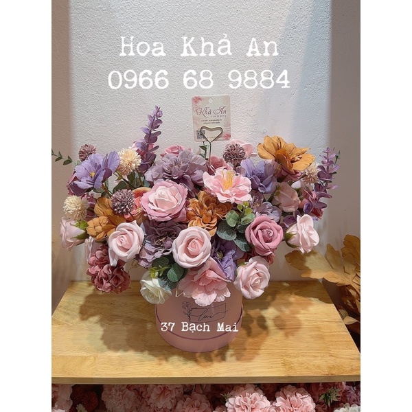 [Lẵng quà] Lẵng hoa lụa mix hoa sáp nhiều loại siêu cao cấp. Tông màu sang trọng. Tặng sinh nhật, khai trương cực đẹp