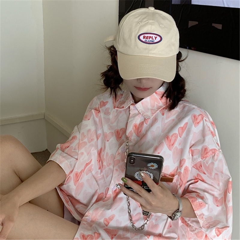 Áo Sơ Mi Ngắn Tay Cổ POLO Dáng Rộng In Hình Trái Tim Graffiti Cá Tính Dành Cho Nữ