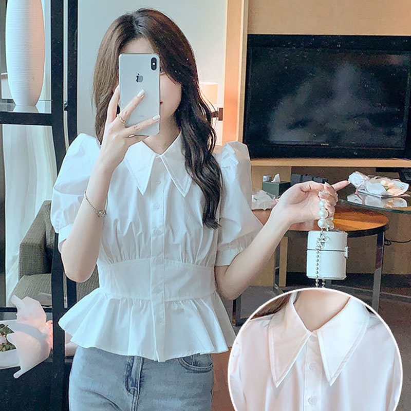 Áo sơ mi Ielgy tay ngắn nhún bèo màu trắng thời trang cho nữ