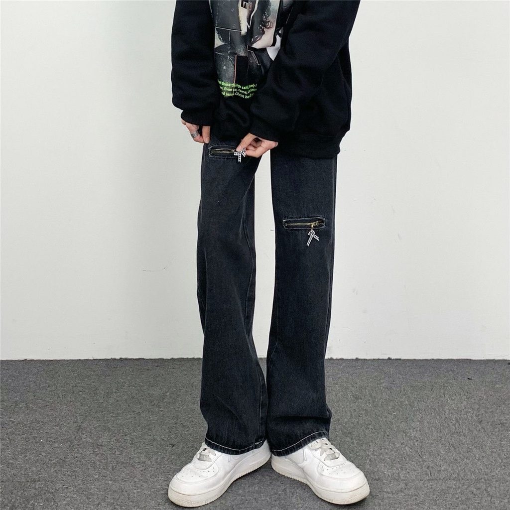 Quần jean ống suông Màu Đen Phối Khóa Kéo Phong Cách Hip Hop Cá Tính Cho Nam