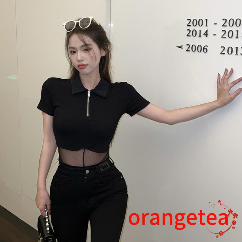 ORT-Women Attractive Sheer Bodysuit, Black Solid Color Quarter Zip Turn-down Neckline Romper | BigBuy360 - bigbuy360.vn