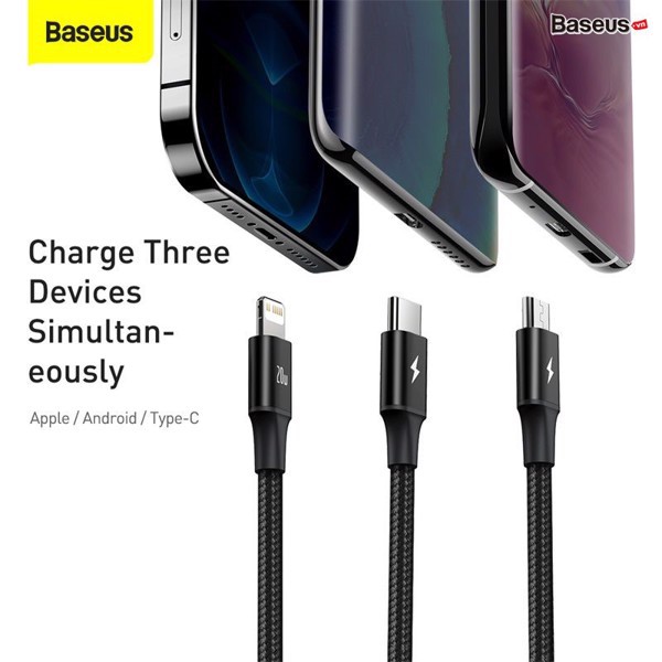 Cáp sạc 3 đầu Baseus Rapid Series 3-in-1 PD 20W (Type C to Type C/Lightning/Micro USB,Fast Charging & Data Cable)