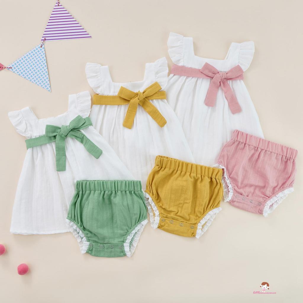 Set Đồ Mùa Hè 2 Món Gồm Áo Tay Bay Có Thắt Lưng + Quần Ngắn Viền Ren Cho Bé Gái