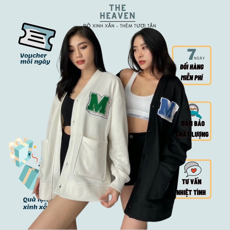 Cardigan Hàn Quốc, Áo khoác cardigan nữ Đen Trắng Thêu Logo Chữ M Chất Nỉ Phong Cách Ulzzang