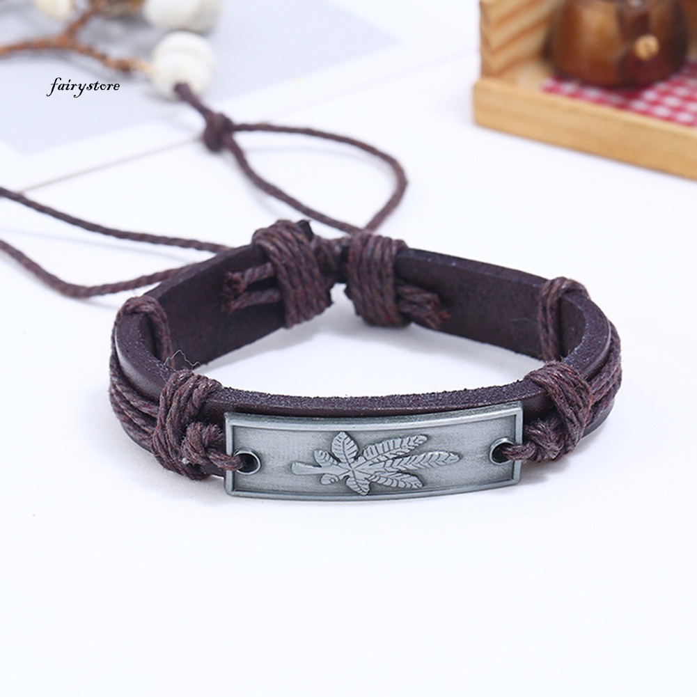 FA*Vintage Men Maple Leaf Faux Leather Bracelet Adjustable Rope Wristband Jewelry